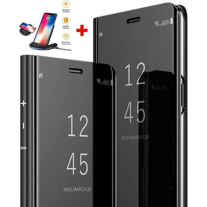 Coque Samsung Galaxy A40, Etui à Rabat Miroir Noir+ Qi Chargeur Sans Fil Rapide Chargeur à Induction Quick Chargeur (2pièce)