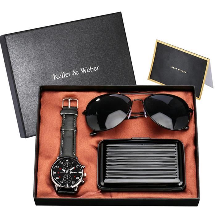 Coffret montre homme + lunettes de soleil homme + paquet de cartes - cadeaux d'anniversaire 3 pièces de luxe de haute qualité