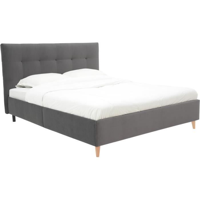 Lit adulte LONY - Couchage 160x200 cm - Tissu velours mat Anthracite - Structure bois - Sans sommier
