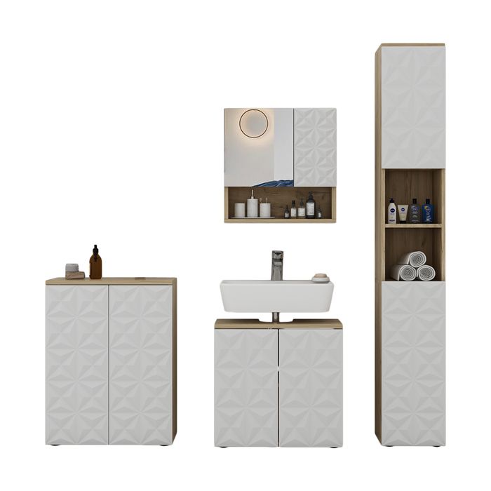 Ensemble Meuble Salle De Bain Karli 3 Pièces Chêne Blanc/Or - Meuble Sous Lavabo + 2 Armoires Mi-Hautes