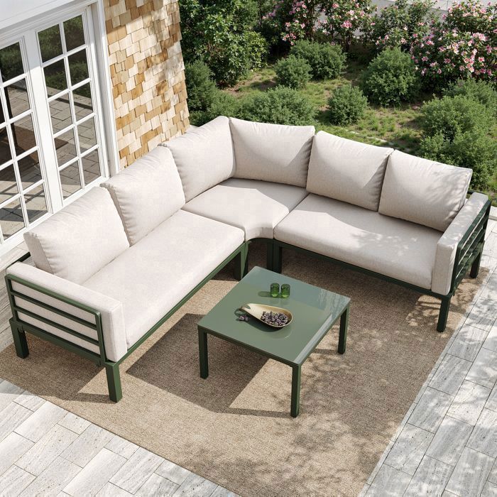 Set Jardin 4 5 Places Cadre Fer Table Verre Trempé + Coussins Réglables - vue 2