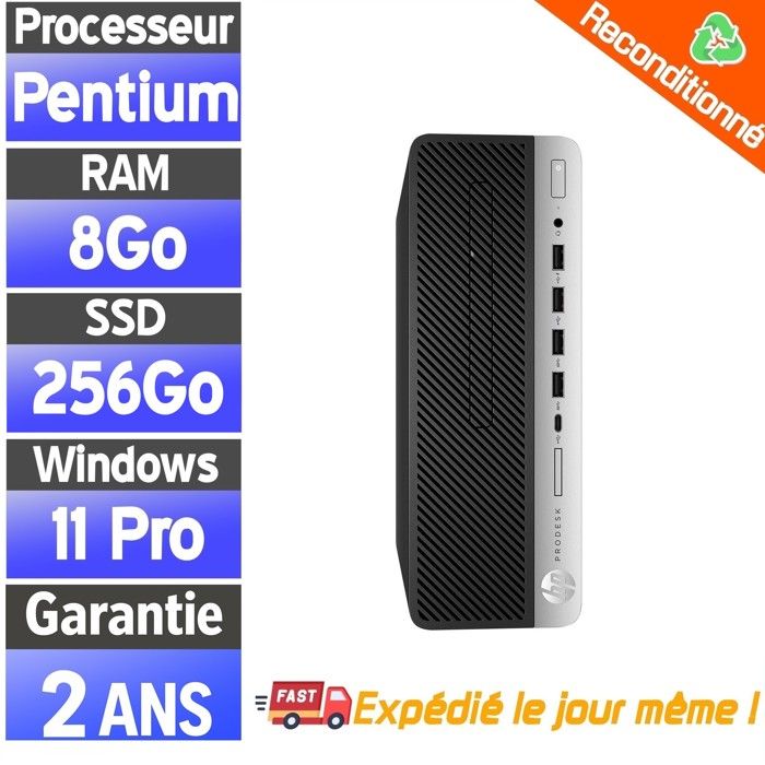 HP ProDesk 600 G3 - Pentium G4400 - 8Go RAM - Disque SSD 256Go - Windows 11 Pro - PC Bureau - Hewlett packard