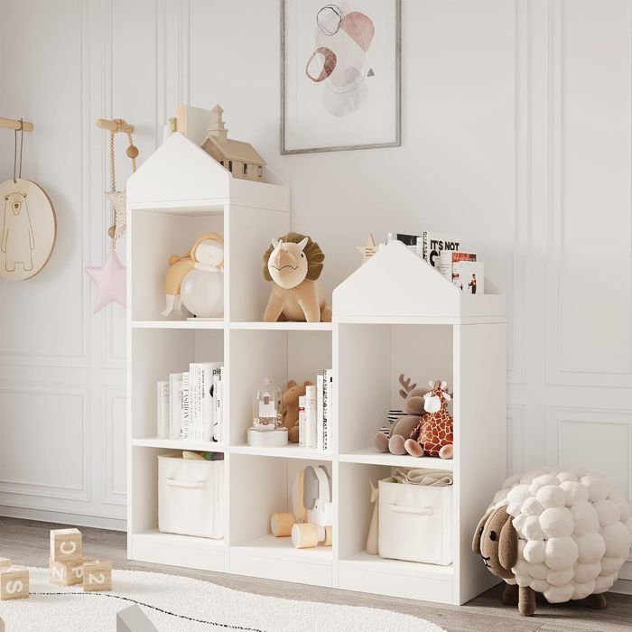 Bibliothèque de Rangement Enfant - PROMIRACAL - 7 Grandes + 4 Petites Étagères - Design Toit - Structure Stable - Blanc MDF