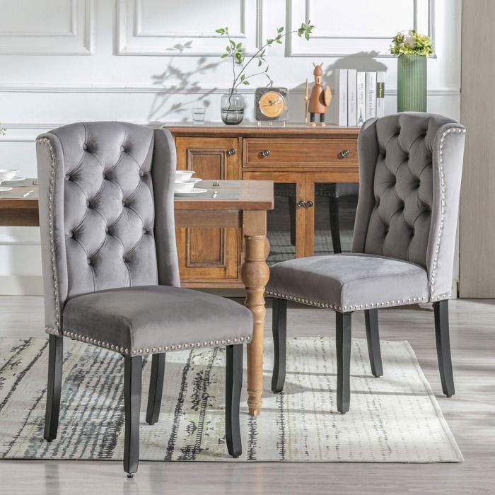 Chaises de salle à manger - Lot de 2 - Velours gris - Pieds en chêne - Détails chromés