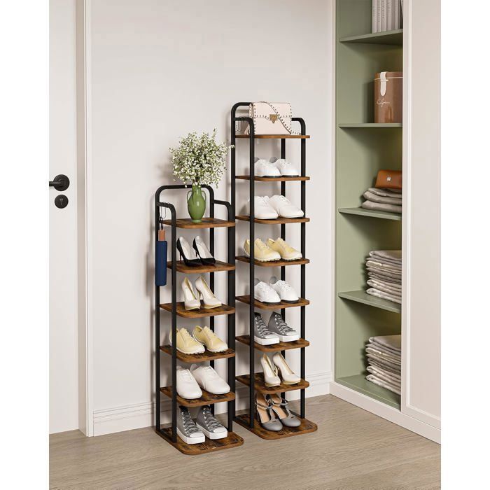 Rangement Vertical pour Chaussures - étagères à Chaussures à 6 Niveaux Rangement pour Chaussures en Bois Marron Rustique et Noir