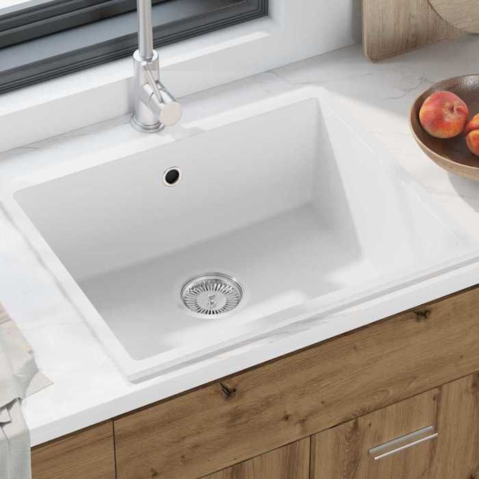 HSF®Évier de cuisine - 1 bac - Résistance à la chaleur jusquà 280 ° C - Blanc 54x44x20 cm Granite cvk46145