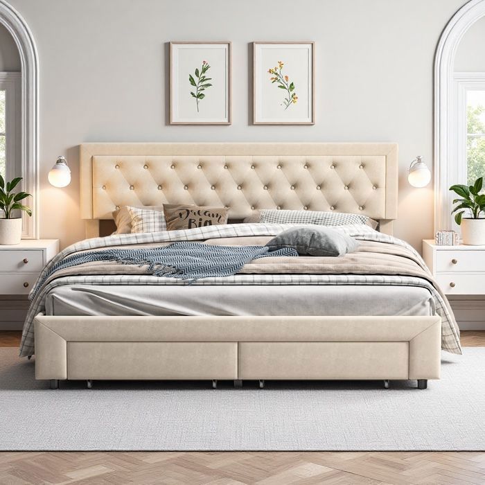 Lit adulte - Structure de lit - RWUDV - lit 160x200 cm - cadre de lit 160x200 cm - lit double - sommier à lattes - velours beige