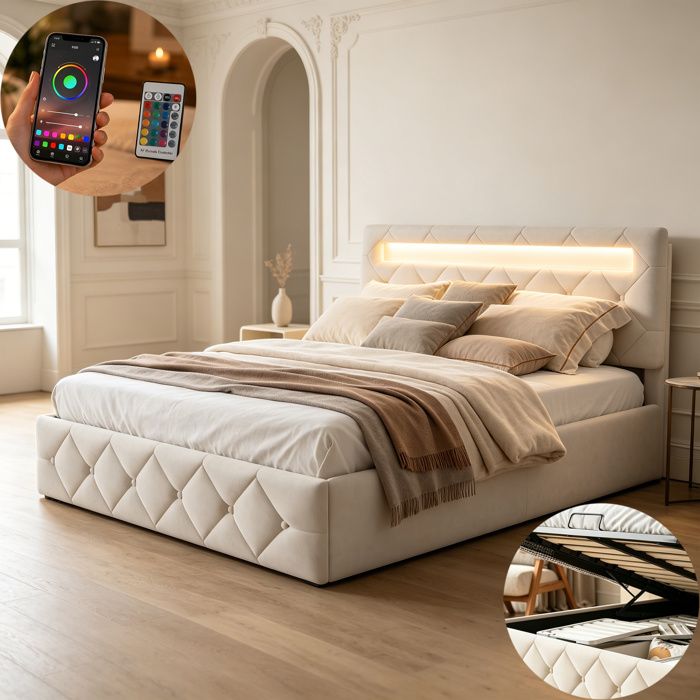 Lit 160x200 cm DRELYGWEA LED sommier à lattes tissu velours litcoffre 160x200 coffre lit adulte 160x200 blanc cassé