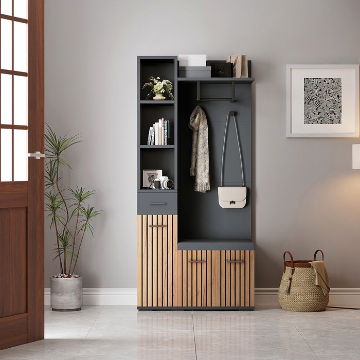 Vestiaire Portemanteau compact 80x35x175 cm 2 armoires avec banc noir bois