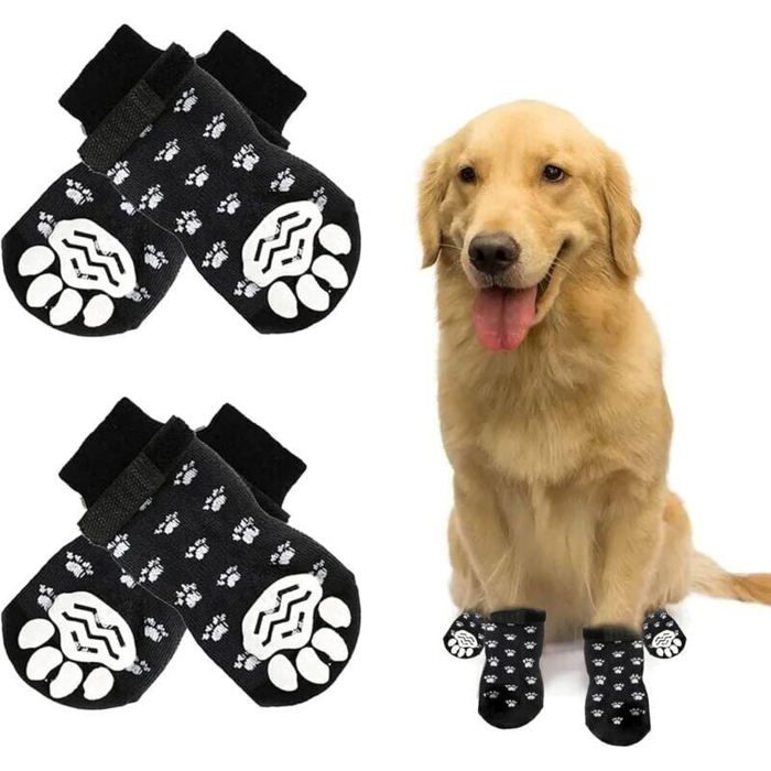 Chaussettes Anti-Dérapantes Chien/Chat 2 Paires Taille L Noir Réglable Petit/Gros Semelle Adhérente