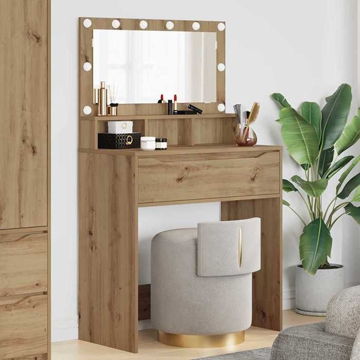 Table de maquillage - vidaXL - Chêne artisanal - Tiroir - Miroir - Éclairage LED