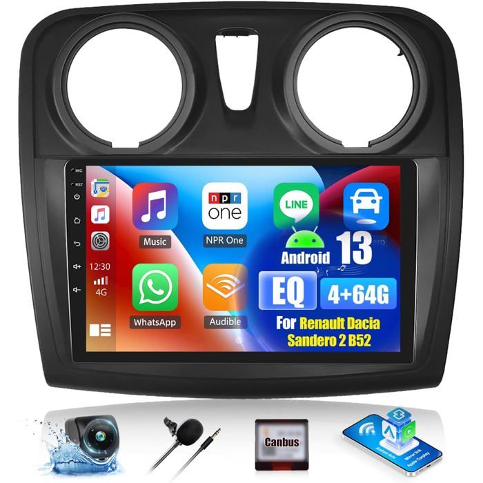Autoradio OiLiehu 4G+64G Android 13 pour Renault Dacia Sandero 2 B52 - CarPlay GPS Bluetooth