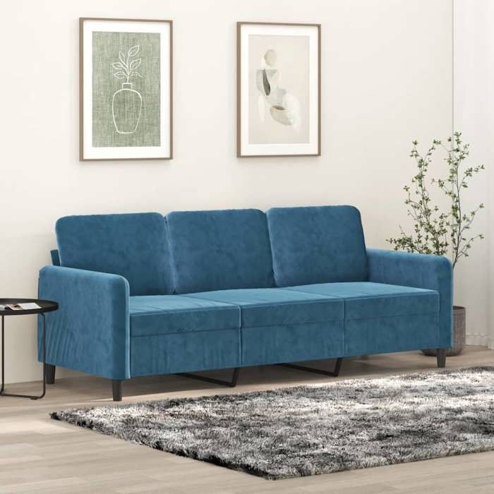 Canapé 3 places velours - vidaXL - Bleu - 180 cm - 198x77x80 cm - Velours doux - Cadre métal - Confortable
