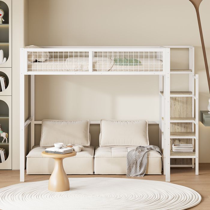Lit mezzanine 140*200 avec échelle lit denfant avec cadre en fer et étagère de rangement armoire blanche (Ancien SKU