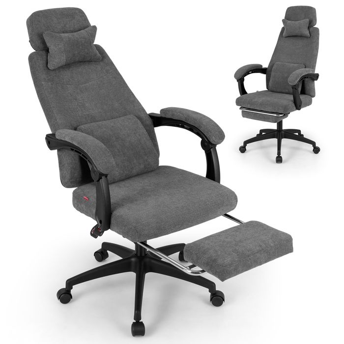 COSTWAY Fauteuil de Bureau Inclinable en Tissu Chenille avec Accoudoirs Rembourrés et Repose-pieds Rétractable 100 x 66 x 119-126cm