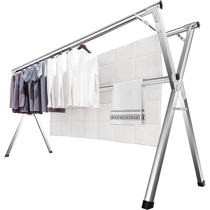 Séchoir à linge pliable - SUTEO - 200 cm - Argenté - Acier inoxydable - Extensible - Gain de place - Portable - Réglable