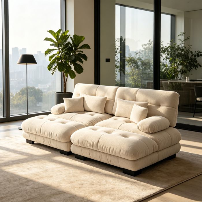 Canapé 2 Places en Chenille marron - Canapé Capitonné avec Repose-pieds et Structure Supportant 450kg - 220x145x81cm