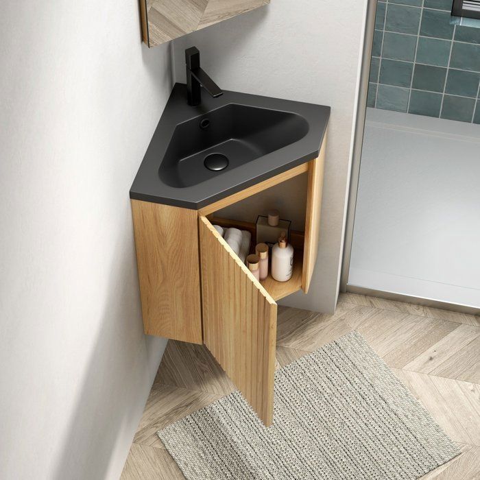 Meuble sous-vasque d’angle 38 cm avec vasque intégrée en résine noir mat Maisentiel