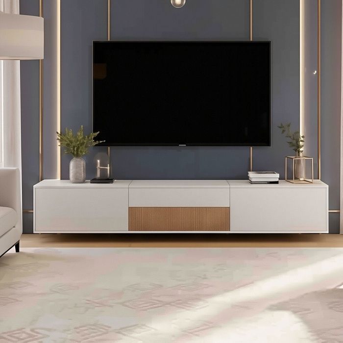 Meuble TV 180cm - Support Projecteur Extensible - Mural ou Sur Pied - Grand Rangement - Design Moderne - Blanc et Bois