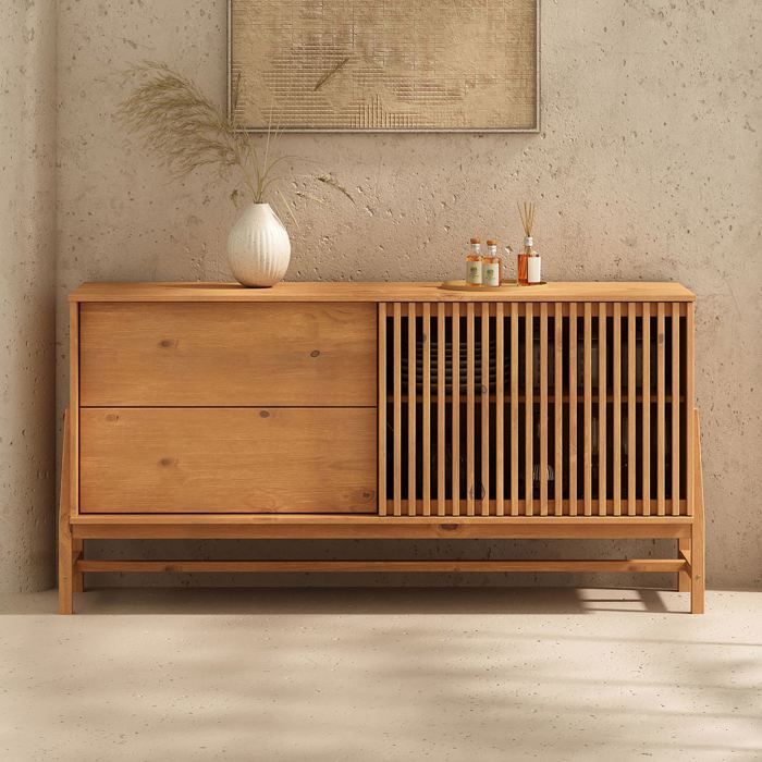 Buffet ADAMO L 145 cm en Bois Massif Couleur Chêne avec 1 Porte Coulissante 2 Tiroirs Design Chaleureux à Lamelles Buffet ADAMO L 145 cm en Bois Massif Couleur Chêne avec 1 Porte Coulissante 2 Tiroirs Design Chaleureux à Lamelles