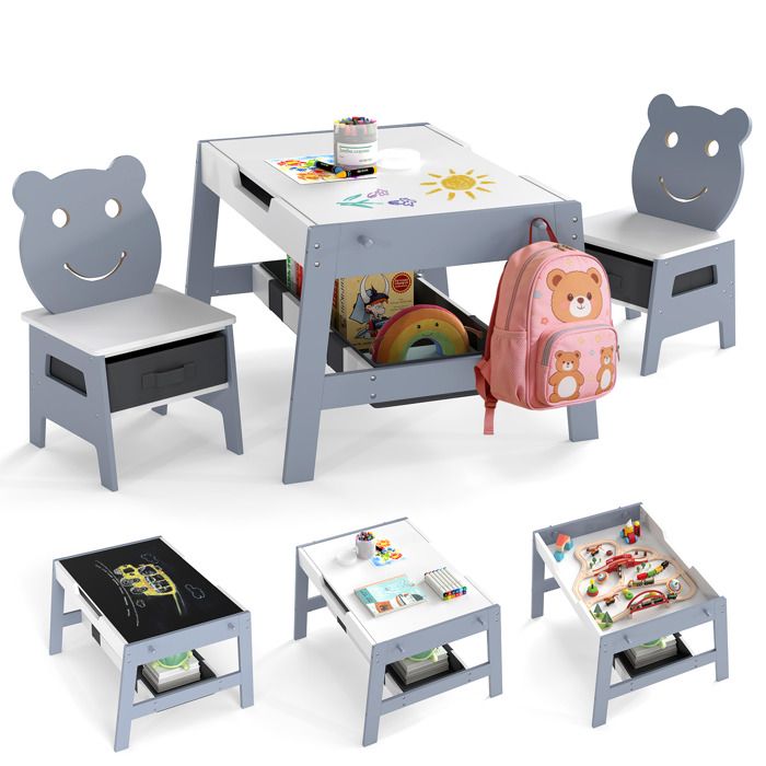 COSTWAY 5 en 1 Table Enfant 45cm et 2 Chaises Tableau Réversible (Noir+Blanc) - 4 Crochets Compartiment de Rangement et Bacs Gris COSTWAY 5 en 1 Table Enfant 45cm et 2 Chaises Tableau Réversible (Noir+Blanc) - 4 Crochets Compartiment de Rangement et Bacs Gris