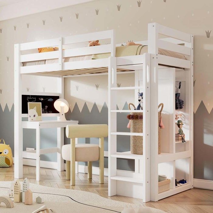 Lit mezzanine - 90 x 200 cm - Avec bureau et tableau noir - Armoire ouverte & étagères réglables - Sommier à lattes