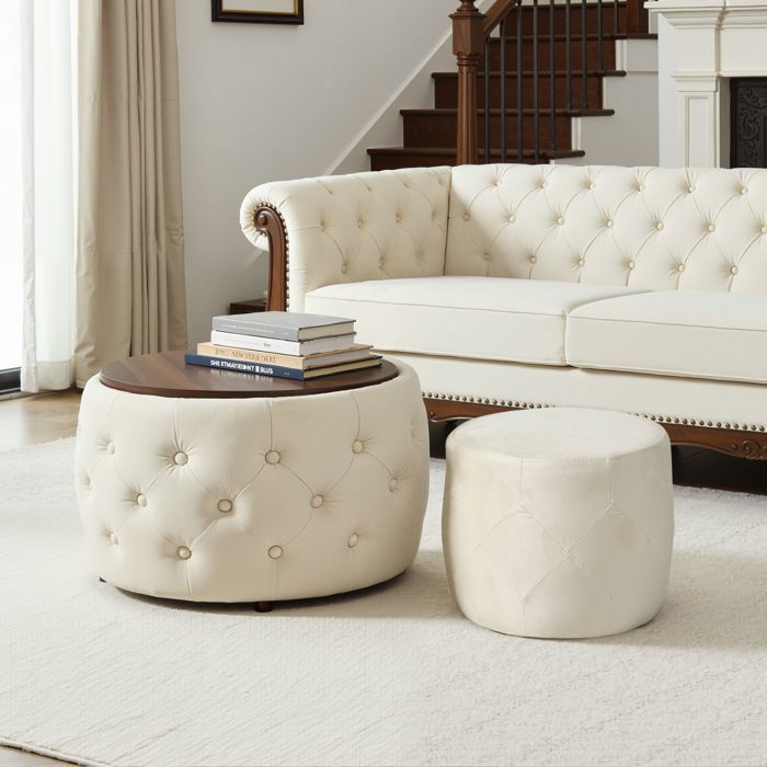 Lot de 2 Tabourets Pouf de Rangement Emboîtables Ronds - BELLEMAVE - Coffres de Rangement en Velours - 4 en 1 - Sans Montage - Beige