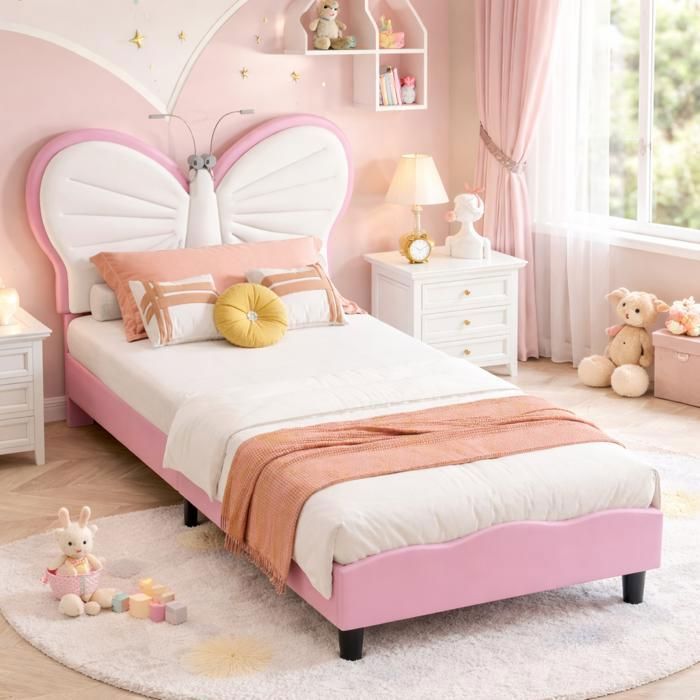 Lit Enfant rembourré 90x190 avec Tête de Lit Lits Princesse Fille avce LED Tête de lit papillon avec hauteur réglable rose
