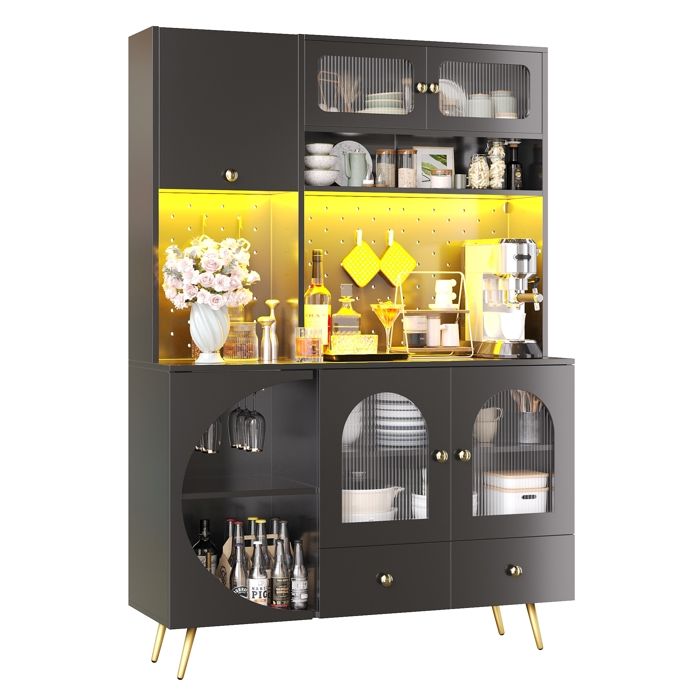 Buffet de Cuisine - Armoire Haute pour Cuisine 120 x 40 x 176 cm avec LED Prises et USB 2 Tiroirs Étagères en Verre - Noir