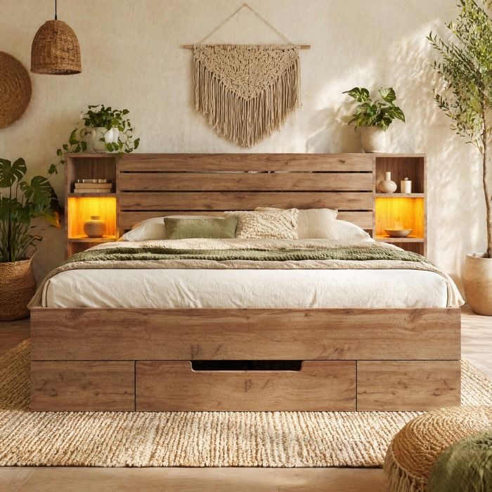 ULEVR Lit double 160 x 200 cm avec rangement tête de lit LED ports USB et USB-C chêne sans matelas