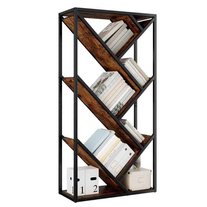 Bibliothèque étroite 200 cm avec 3 niches ouvertes 3 tiroirs meuble rangement anti-basculement bois