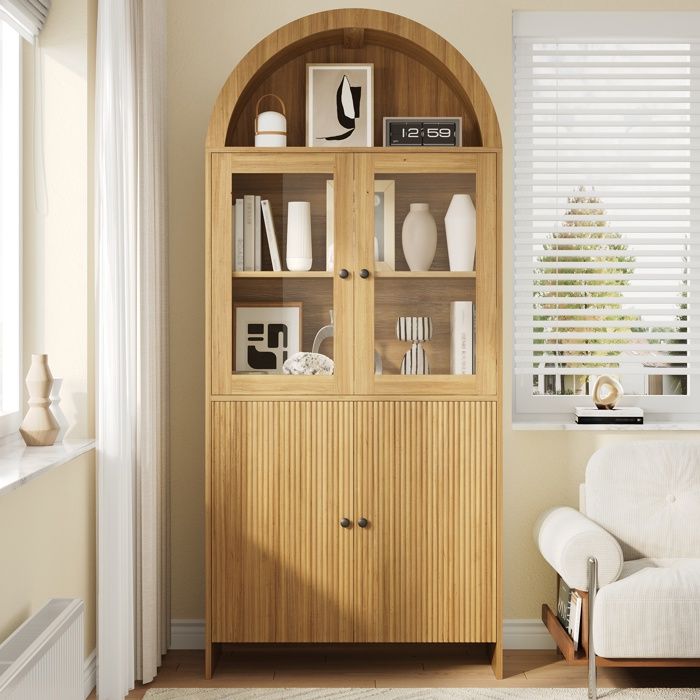 Buffet vitrine 78x40x176 cm avec dessus voûté portes vitrées et rangement fermé à relief ondulé Panneaux de particules naturel