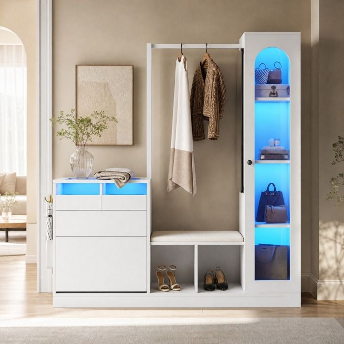 Meuble dentrée multifonction 6 en 1 avec LED miroir pivotant banc à chaussures et vitrine blanc - UVRION