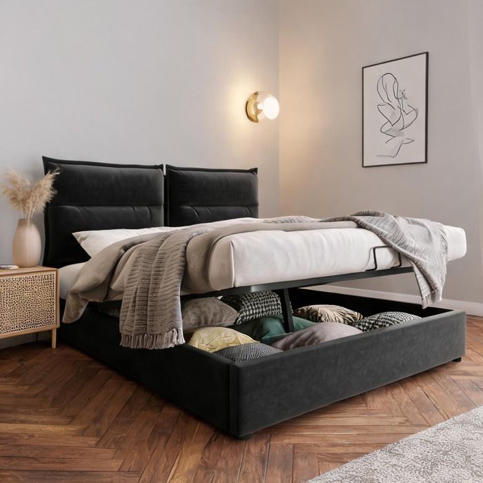 Lit double hydraulique en velours noir 140x200 cm avec coffre de rangement et tête de lit réglable