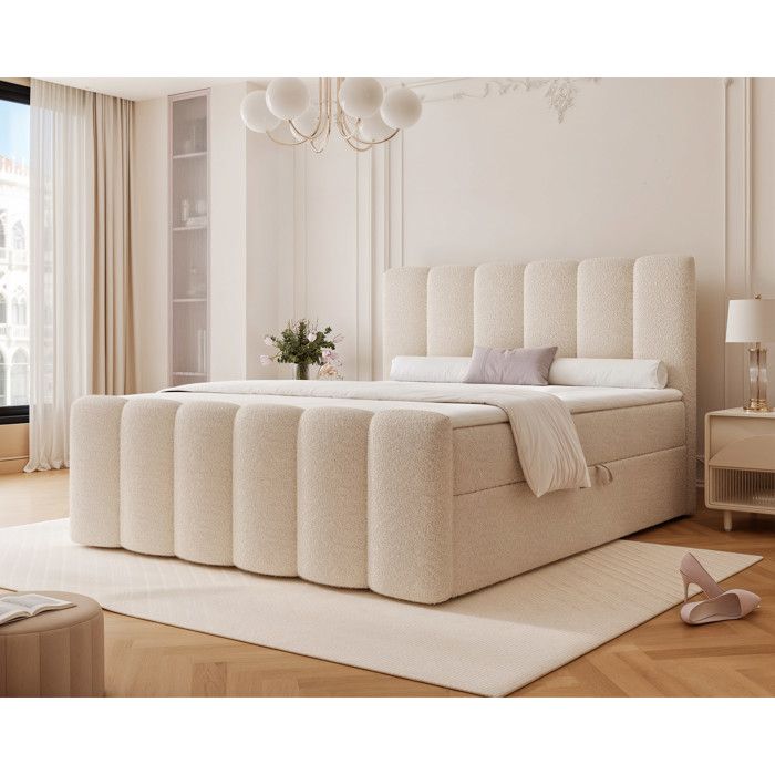 Lit adulte FERRERO - 200x200 cm - avec matelas à ressorts - coffre de rangement à ouverture latérale - Beige