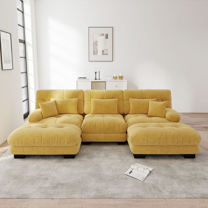 Canapé dangle modulable en U convertible 3 places avec ottomans tissu chenille jaune 313 x 145 x 81 cm