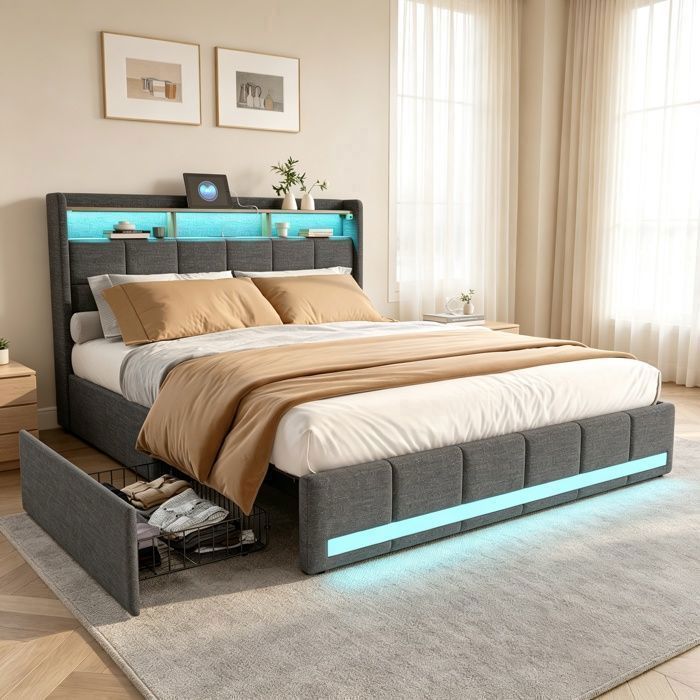 Lit 140x190 avec Sommier à lattes lit double avec LED USB et Type-C tissu en lin gris