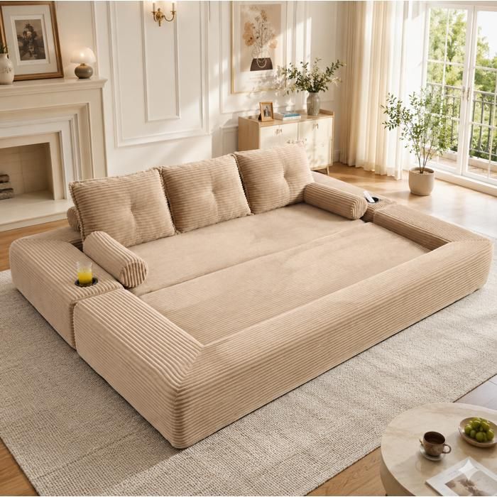 WOVREO Canapé convertible 3 places en velours côtelé beige 232 x 98 x 80 cm avec mousse densité 30