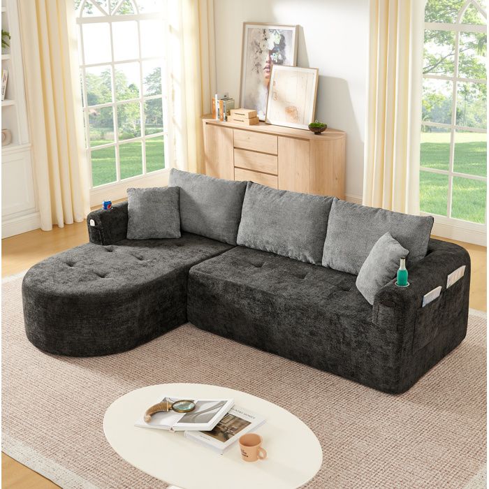 Canapé dangle 3 places sans montage avec porte-gobelet inox et poches latérales tissu lin noir - UVRION