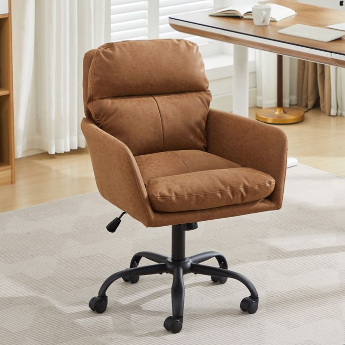 Chaise de bureau marron en simili cuir PU hauteur réglable avec accoudoirs base noire à roulettes dossier haut ORVRYN