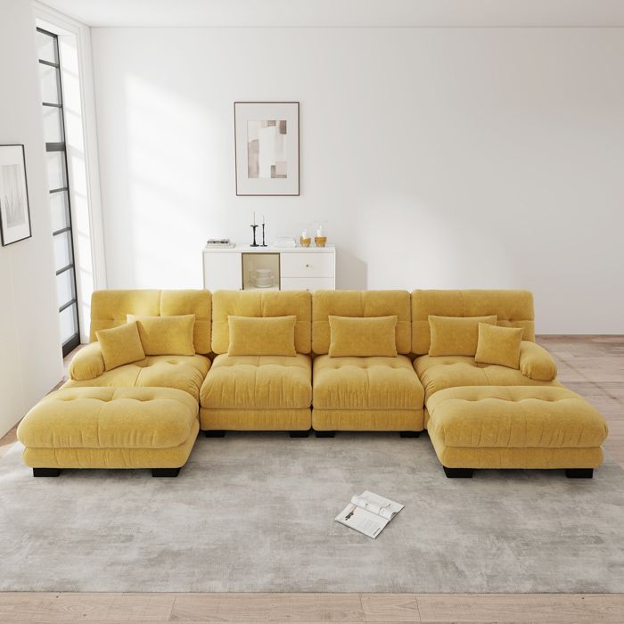 Canapé panoramique en U 4 places modulable avec ottomans mobiles - ELVMI - chenille vintage jaune