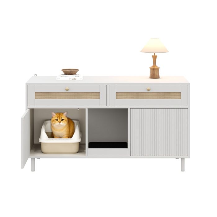 Meuble pour litière chat sans bac avec tapis récupérateur et tiroir en rotin blanc 120 x 50 x 65 cm