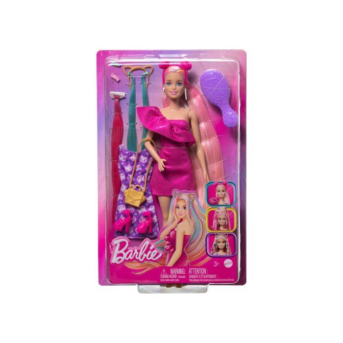 Barbie cheveux Blond extra-longs et robe rose brillant et 10 accessoires - Jouet Fille Poupée Mannequin + Carte Animal
