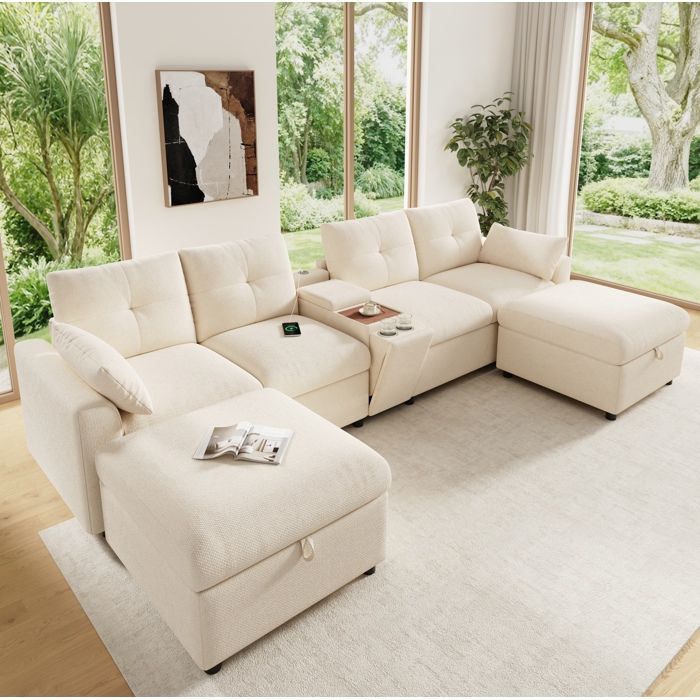 Canapé dAngle Modulable 6 Places avec 2 Poufs Coffre Console Centrale USB Type C et Porte-gobelets Chenille Beige