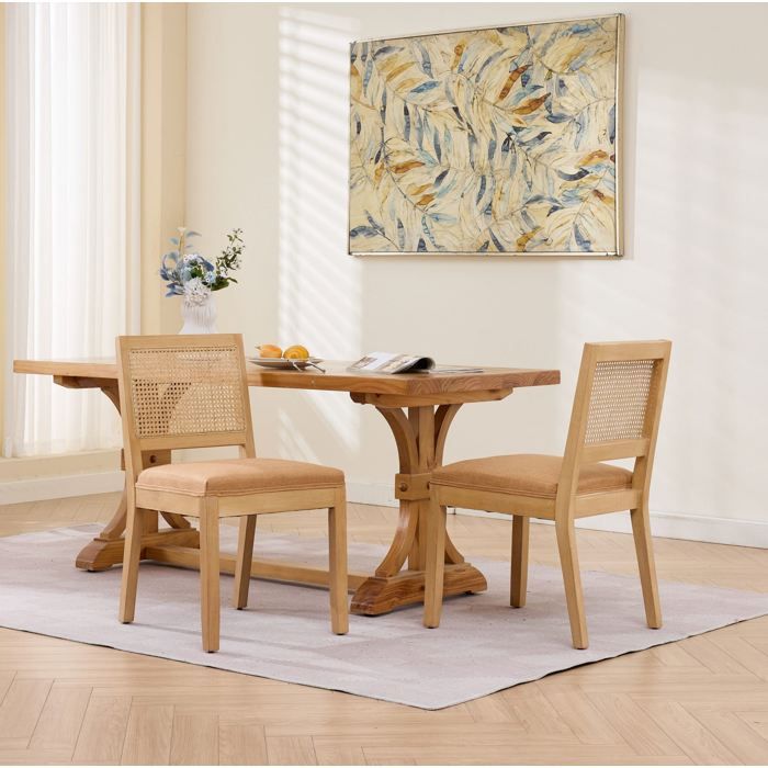 Lot de 2 chaises de salle à manger en rotin dossier cannage cadre bois naturel coussin mousse ressorts S tan