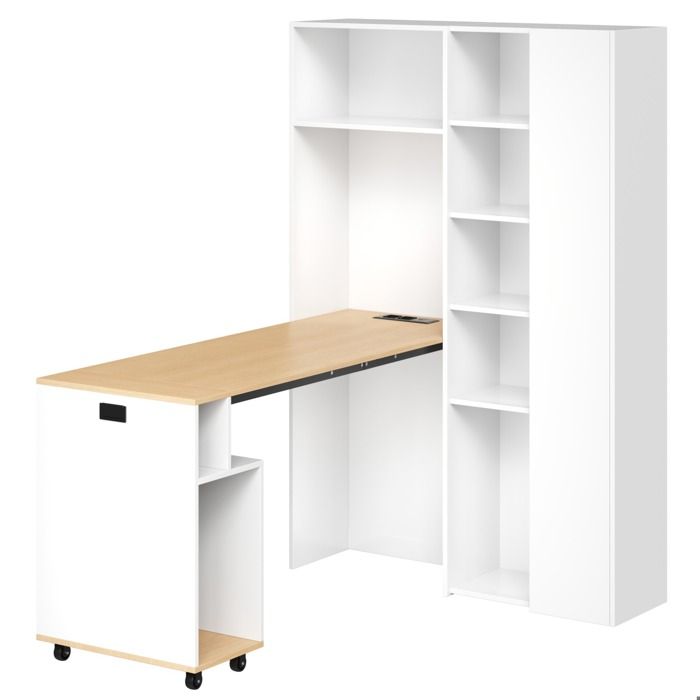 Bureau secrétaire pliant 2-en-1 avec bibliothèque intégrée prises EU et USB MDF blanc effet chêne