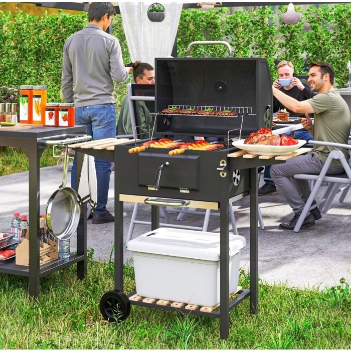 ELVORIN Barbecue à charbon sur chariot 112 x 58 x 107 cm couvercle avec thermomètre tablettes latérales noir