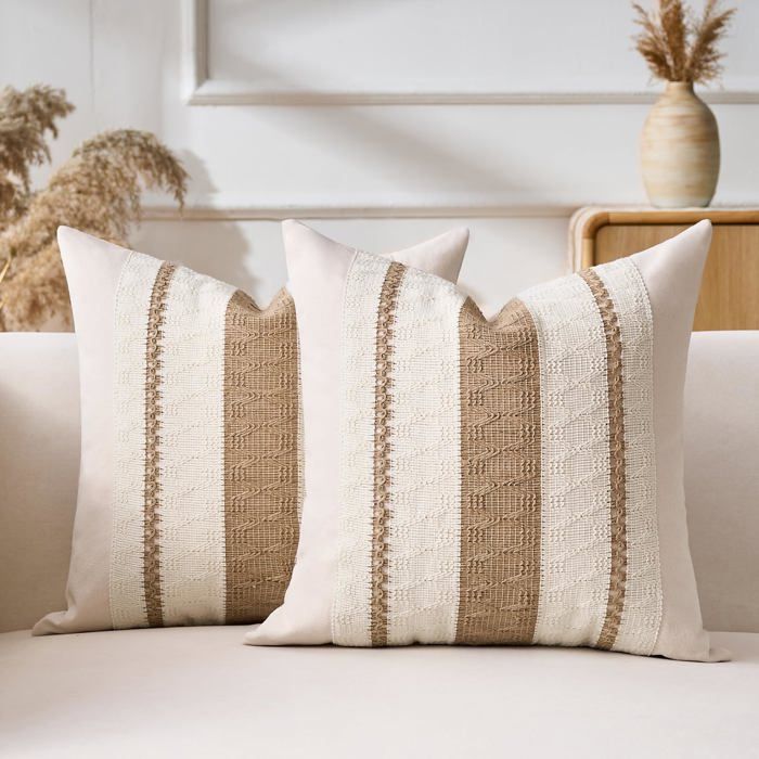 Housse Coussin 45x45 Marron Housse De Coussin Canape Coussins Décoratif Bohème Texturée à Rayures Tissées Décoratives Lot de 2.