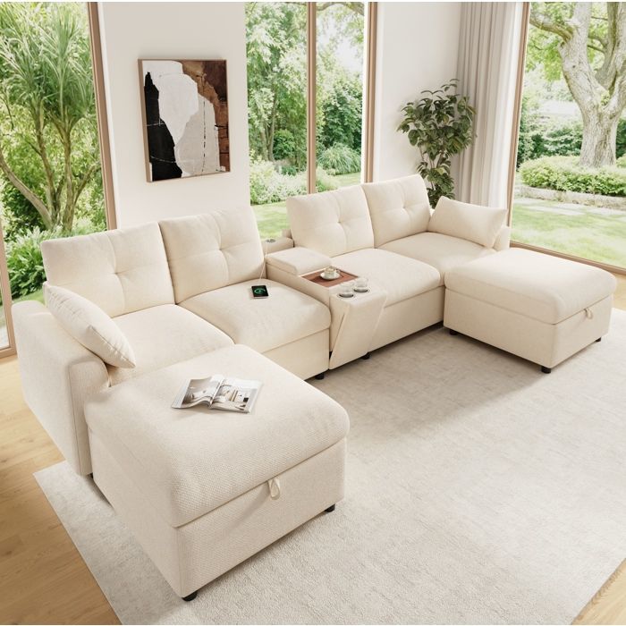 Canapé modulable d’angle 6 places forme U/L réversible avec 2 poufs de rangement console USB Type-C chenille beige JOINERY