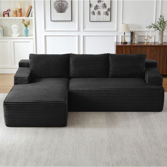 MEUBLIV Canapé d’angle compressé modulable en corduroy noir sans montage méridienne gauche 4 places